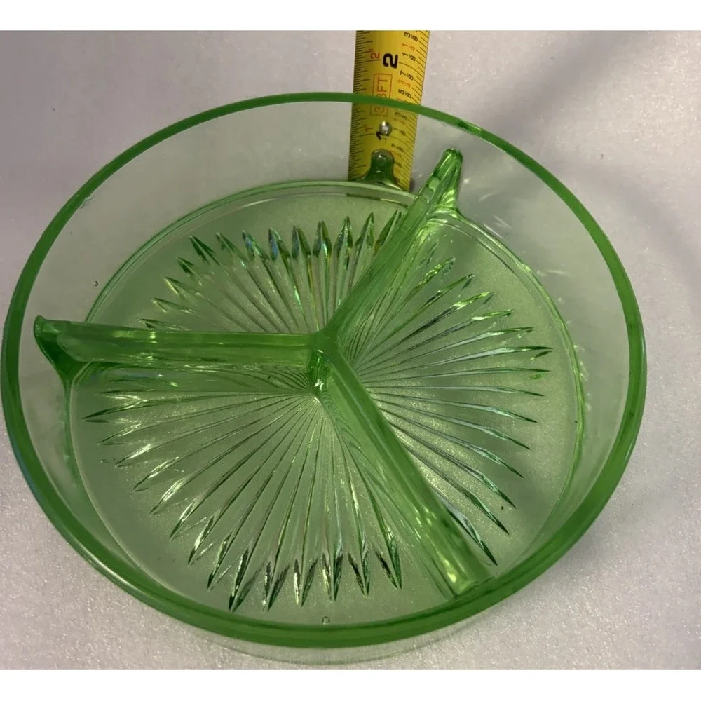 Uranium Glass 3 Compartment Relish Dish Green Depression Starburst UV Glow Vtg